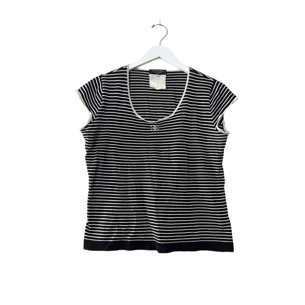 Authentic Chanel Size 40 Medium Striped Black White Black Tee Shirt Top Vacation